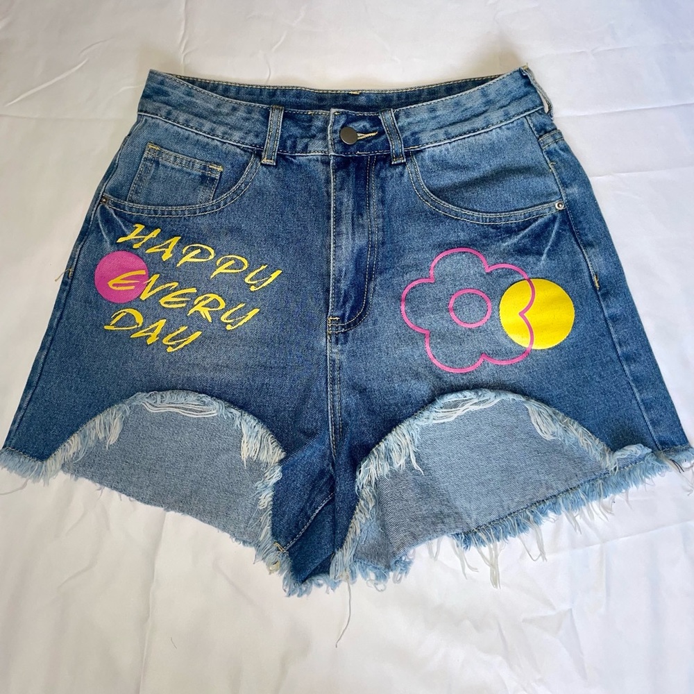 SHEIN Jeans Shorts Women Medium Graphic Floral Print Blue Denim Ripped Distress